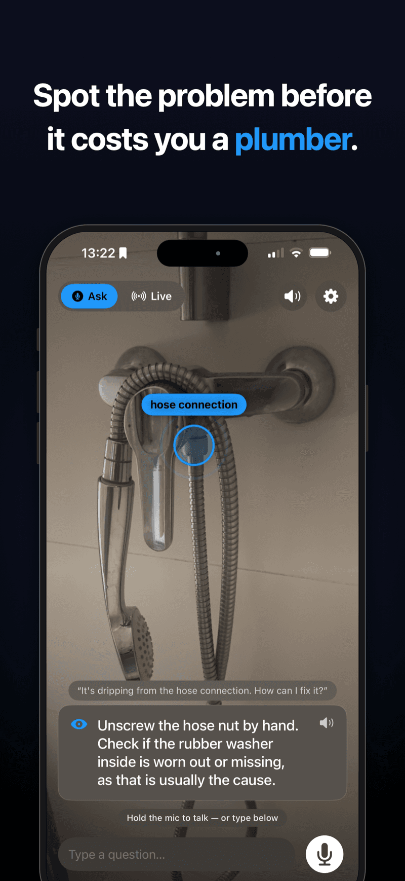 EyeGuide marking the hose connection on a leaking shower mixer and explaining how to fix it