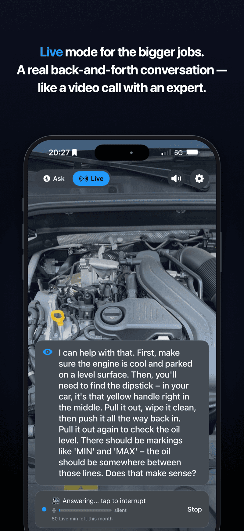 EyeGuide in Live mode, talking through an engine job hands-free
