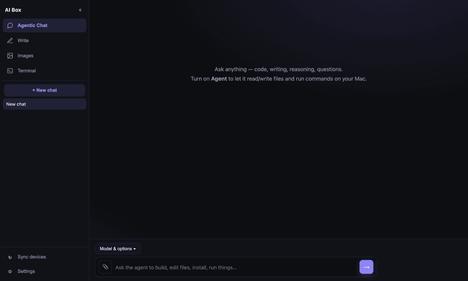 The Agentic Chat tab in AI Box, with the model picker and agent composer