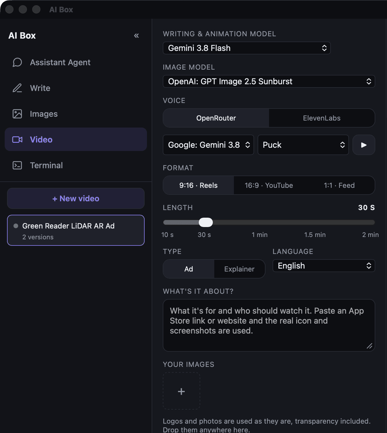 The Video tab in AI Box: the writing and image models, the voice, format, a length slider, the brief and your own images